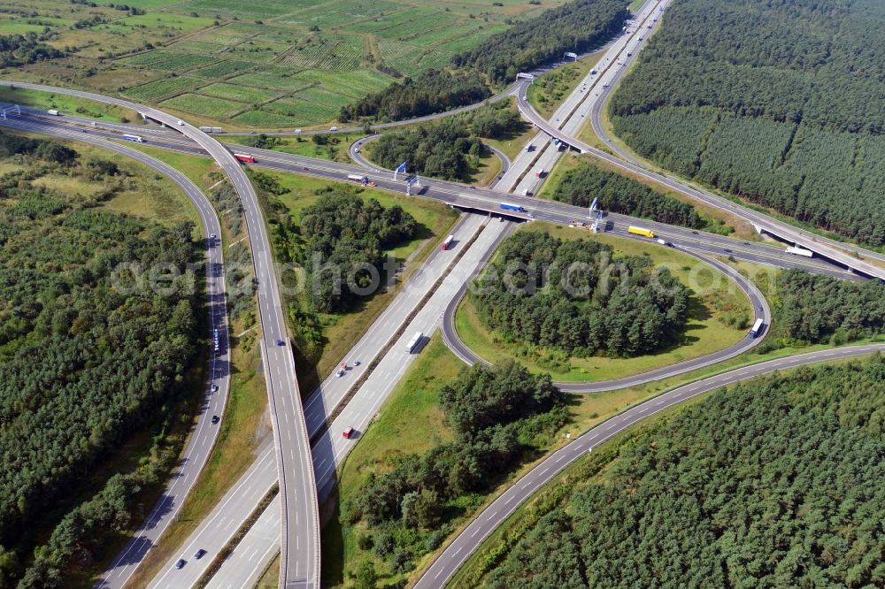 Aerial photograph Kiekebusch - The Schönefeld junction, also called interchange or cross-Schönefeld Schönefeld is a junction on the southern Berliner Ring (A10 / A13 / E55 / E36) in Brandenburg