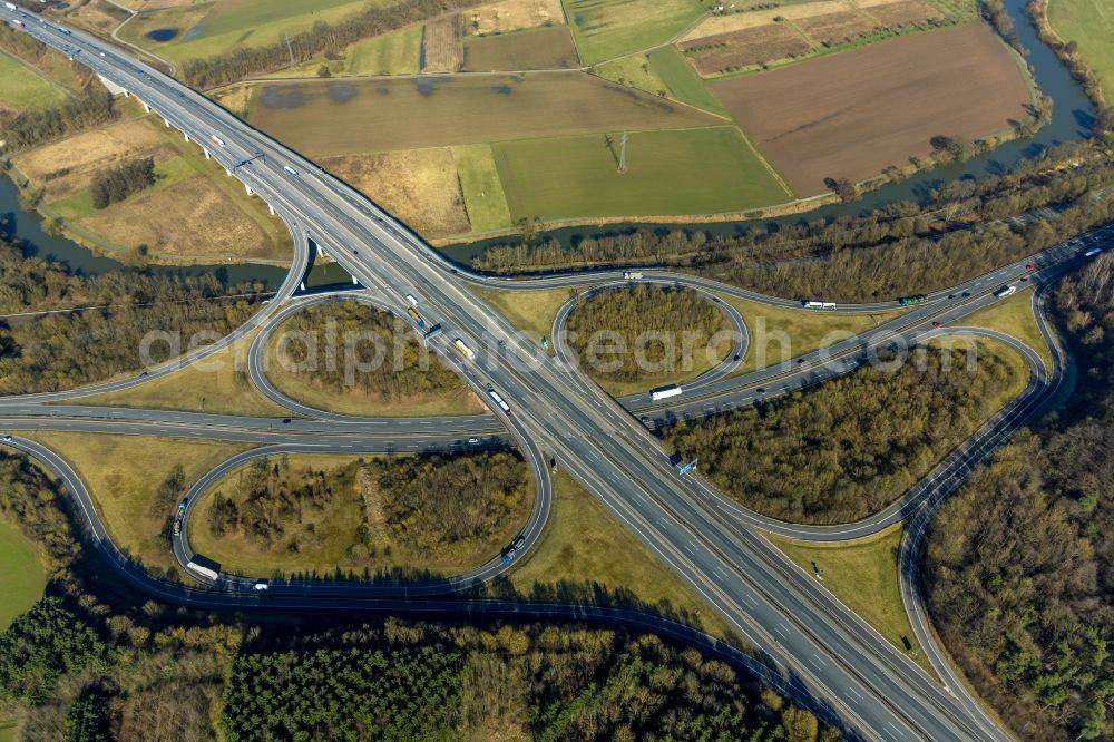 Wetzlar from above - Traffic flow at the intersection- motorway A 45 Wetzlar-Ost in Wetzlar in the state Hesse, Germany