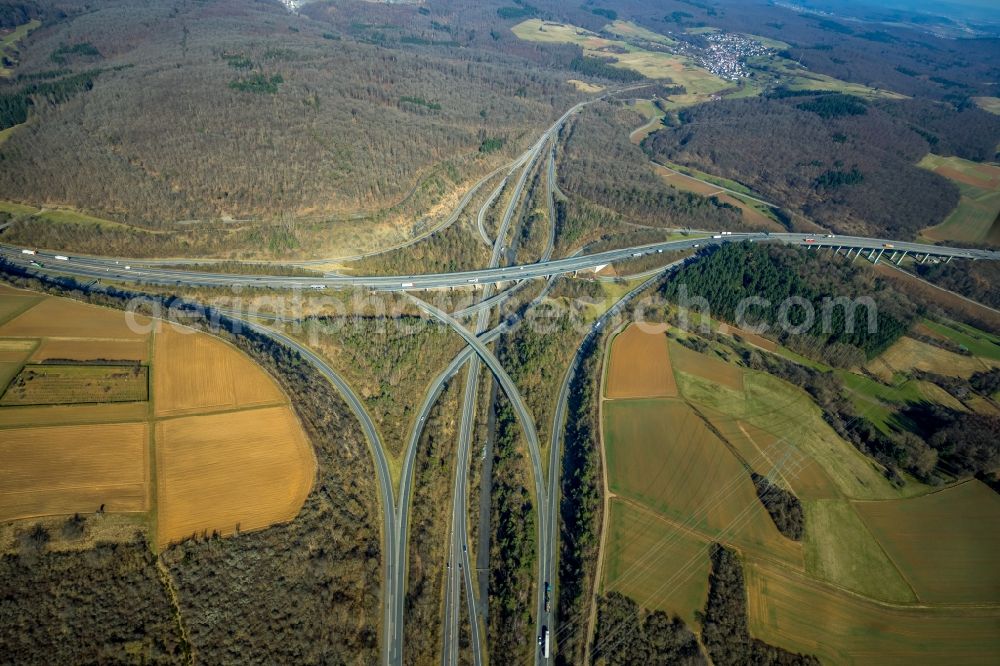 Aerial photograph Wetzlar - Traffic flow at the intersection- motorway A 45 - 480 Wetzlarer Kreuz in Wetzlar in the state Hesse, Germany