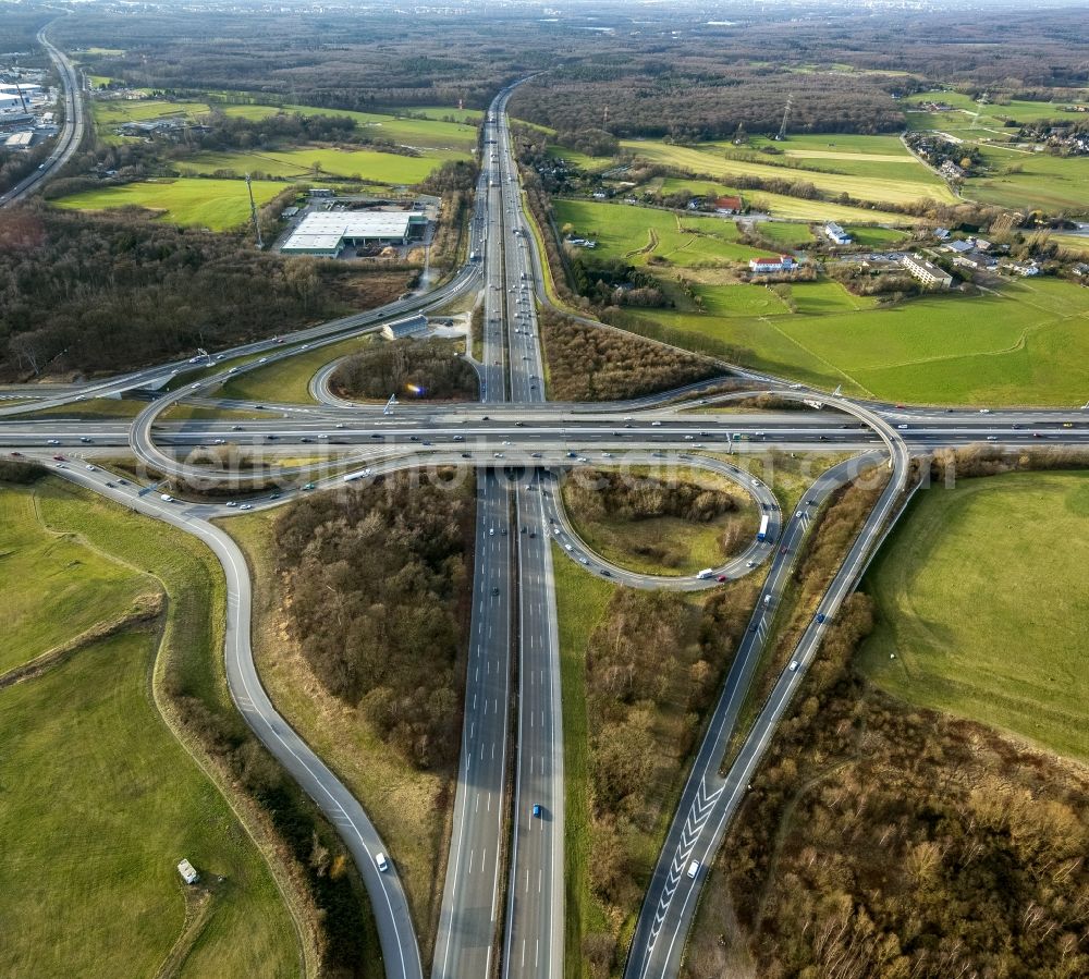 Ratingen from above - Breitscheid junction, also Breitscheider cross on the motorway BAB A3 and A52 in Ratingen in the state of North Rhine-Westphalia