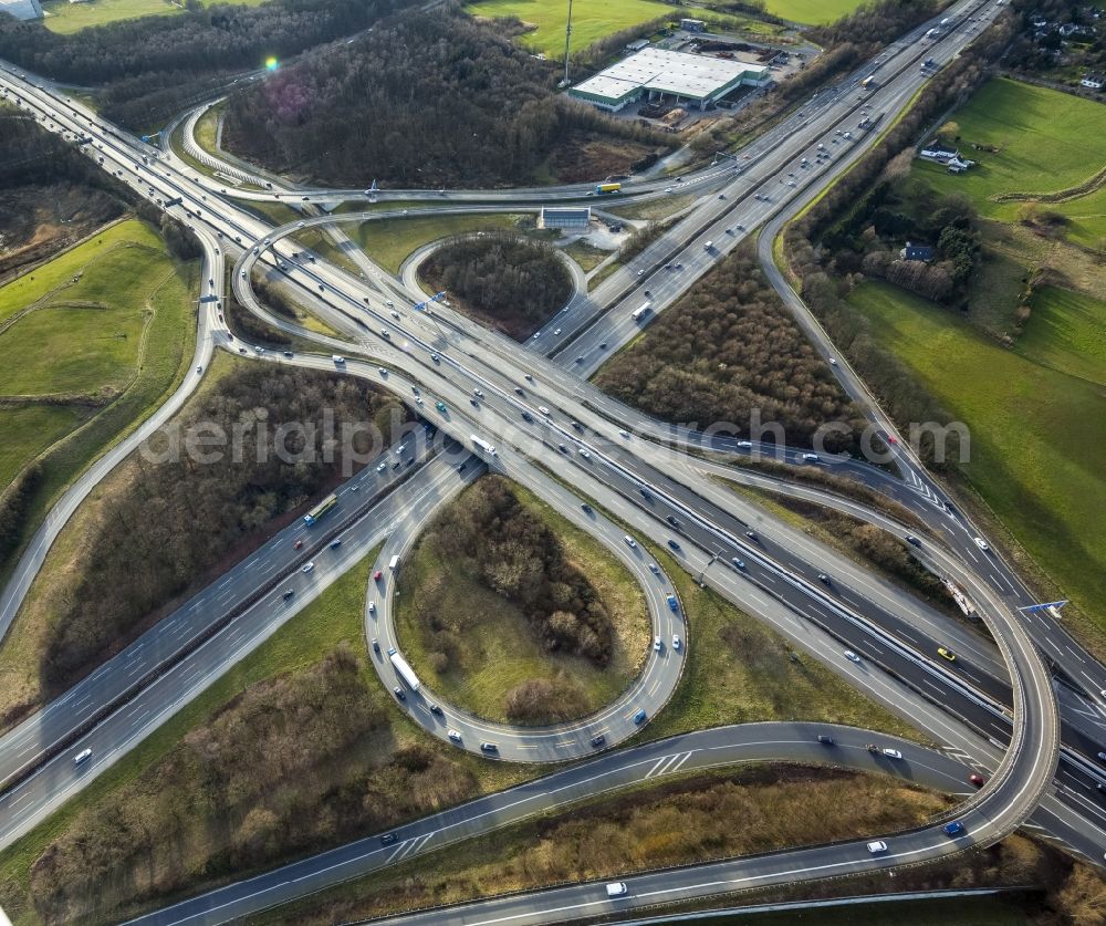 Aerial image Ratingen - Breitscheid junction, also Breitscheider cross on the motorway BAB A3 and A52 in Ratingen in the state of North Rhine-Westphalia