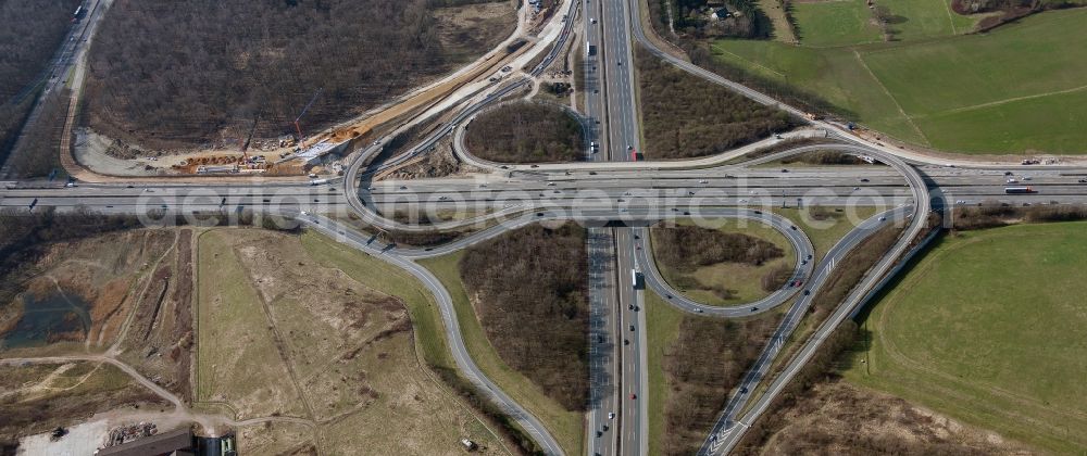 Aerial image Breitscheid - View of extension works at the junction of the motorway A 3 Breitscheid / A52 in North Rhine-Westphalia