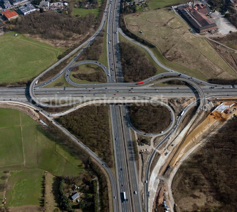 Breitscheid from above - View of extension works at the junction of the motorway A 3 Breitscheid / A52 in North Rhine-Westphalia