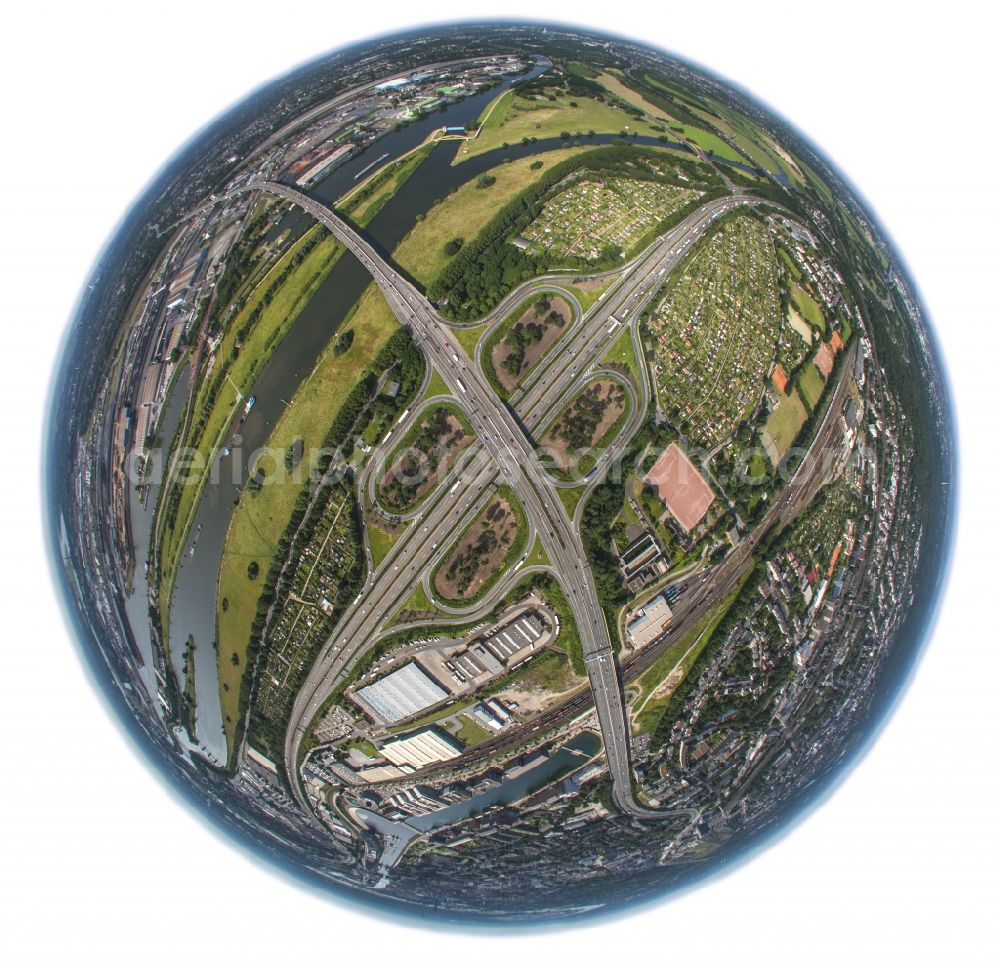 Aerial image Duisburg - Fish- Eye- view Intersection of the federal highway BAB A59 and A40 / E34 on Ruhrdeich in Duisburg in North Rhine-Westphalia