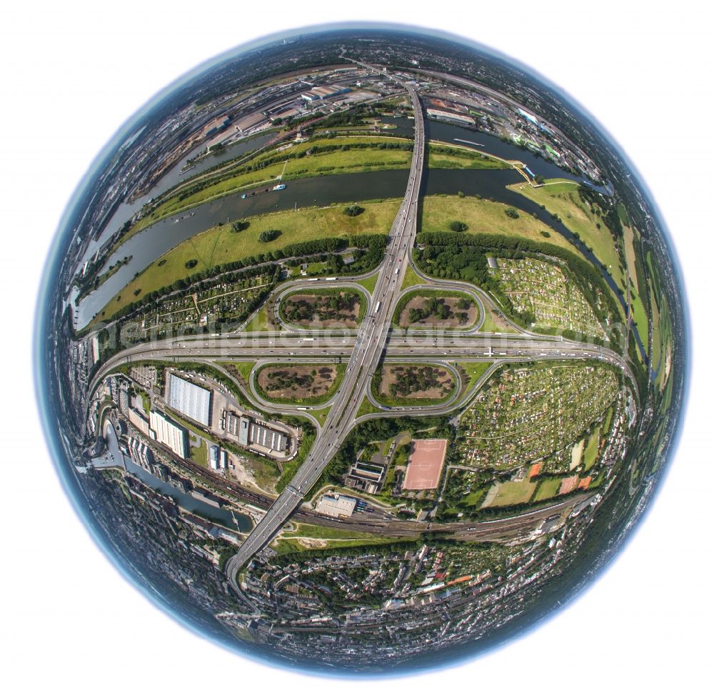 Aerial photograph Duisburg - Fish- Eye- view Intersection of the federal highway BAB A59 and A40 / E34 on Ruhrdeich in Duisburg in North Rhine-Westphalia