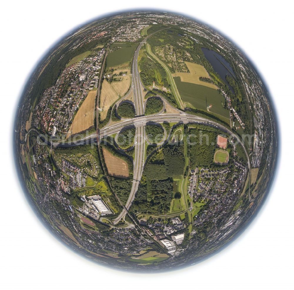 Aerial photograph Duisburg - Fish- Eye- view Junction Dortmund harbor of the federal highway Highway A45 / E41 in Duisburg in North Rhine-Westphalia