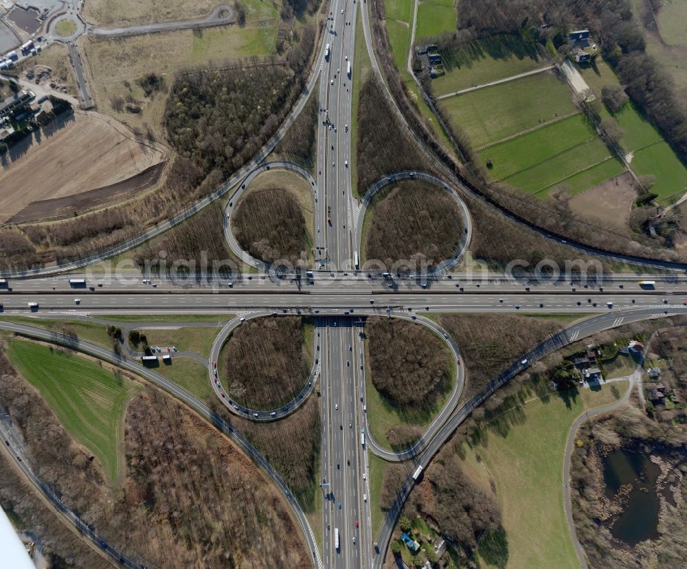 Hilden from above - View of the motorway interchange Hilden on the freeway A 3 in North Rhine-Westphalia. It is the busiest road junction in North Rhine-Westphalia with about 233 000 vehicles per day