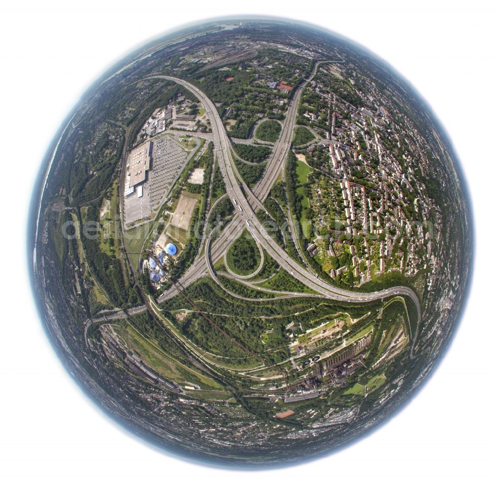 Duisburg from above - Fish Eye - View Intersection / junction Duisburg-Nord of the federal highway A59 and A42 motorway in Duisburg in North Rhine-Westphalia