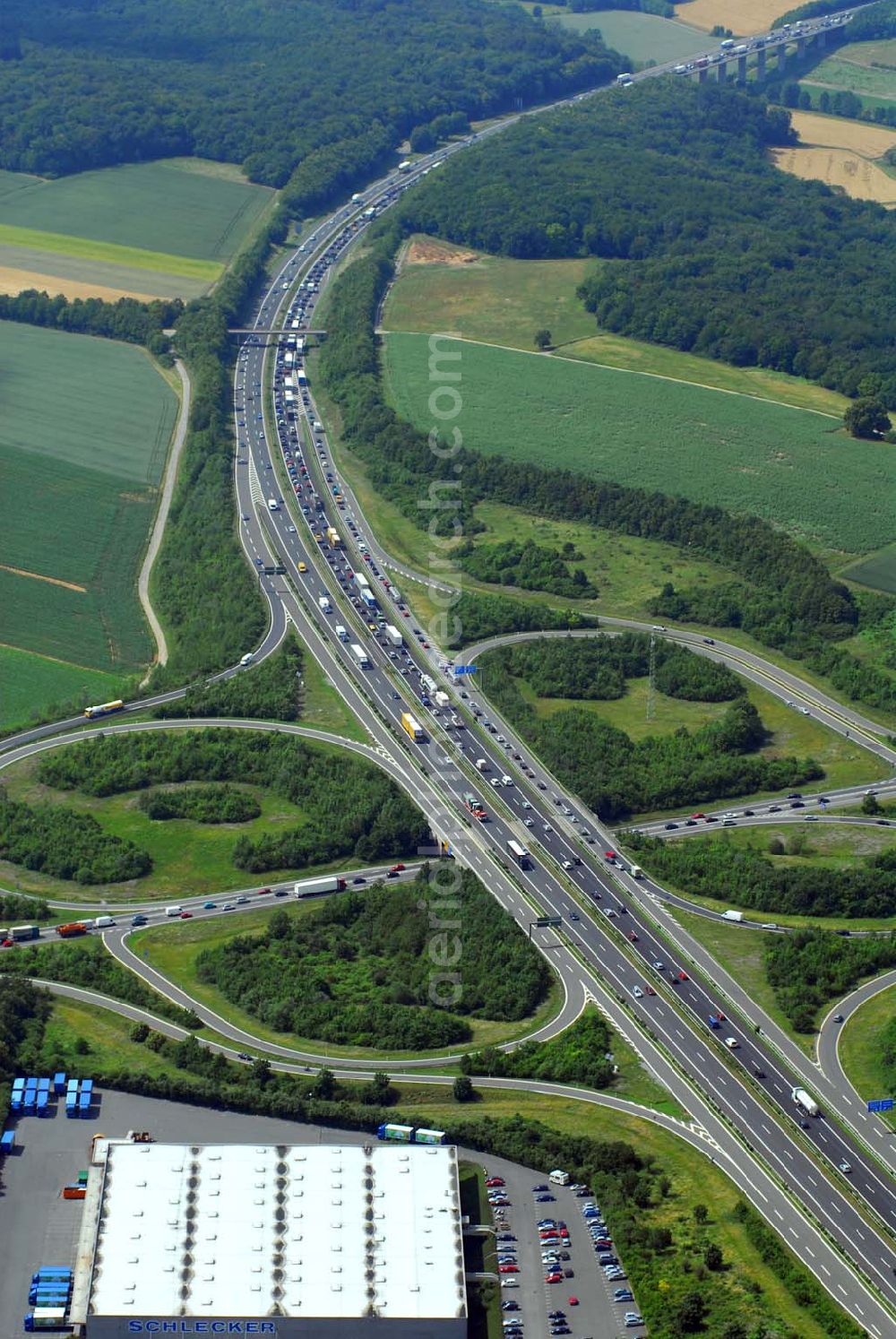 Aerial photograph Würzburg - Blick auf das Autobahnkreuz zwischen Bergtheim und Würzburg.