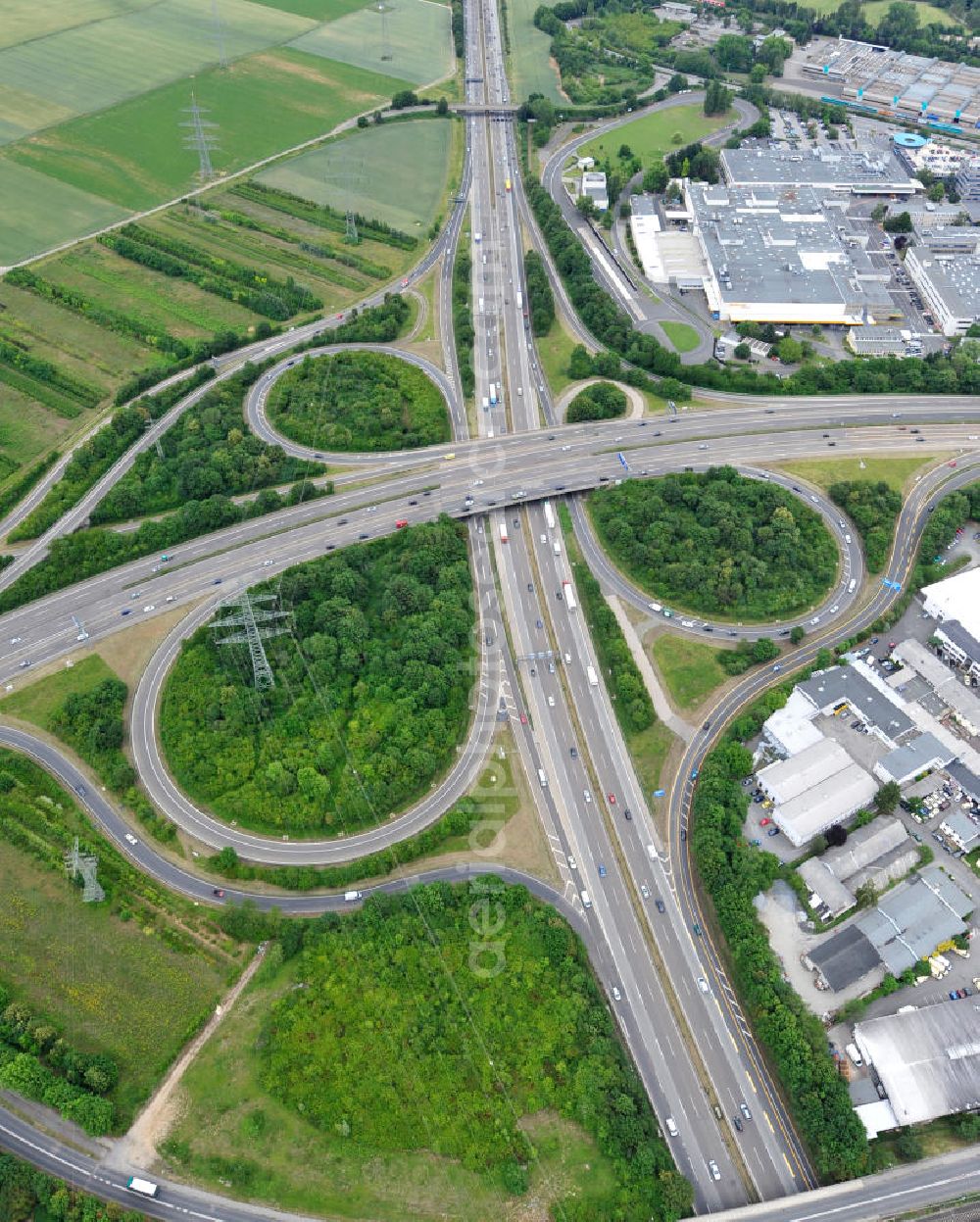 Aerial photograph Frankfurt am Main - Blick auf das Autobahnkreuz Nordwestkreuz Frankfurt am Main. Das Nordwestkreuz Frankfurt verbindet die A 5 mit der A 66. Das Autobahnkreuz ist ein unvollständiges Kleeblatt, und liegt im Nordwesten von Frankfurt am Main in Hessen. The interchange Nordwestkreuz in Frankfurt, Germany.