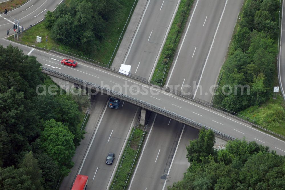 Aerial image Offenburg - Blick auf die Autobahnabfahrt Offenburg. Die Abfahrt Offenburg ist Teil der A5 vom Hattenbacher Dreieck bis an die Grenze zur Schweiz. Auf 445 km Länge bestehen Verbindungen u.a. zum französischen Autobahnnetz (bis Barcelona) und zur Verbindung Holland - Österreich. Als Teil der HaFraBa E.V. (Nord-Süd Verbindung) ist sie eine der meist befahrensten Strassen Europas.