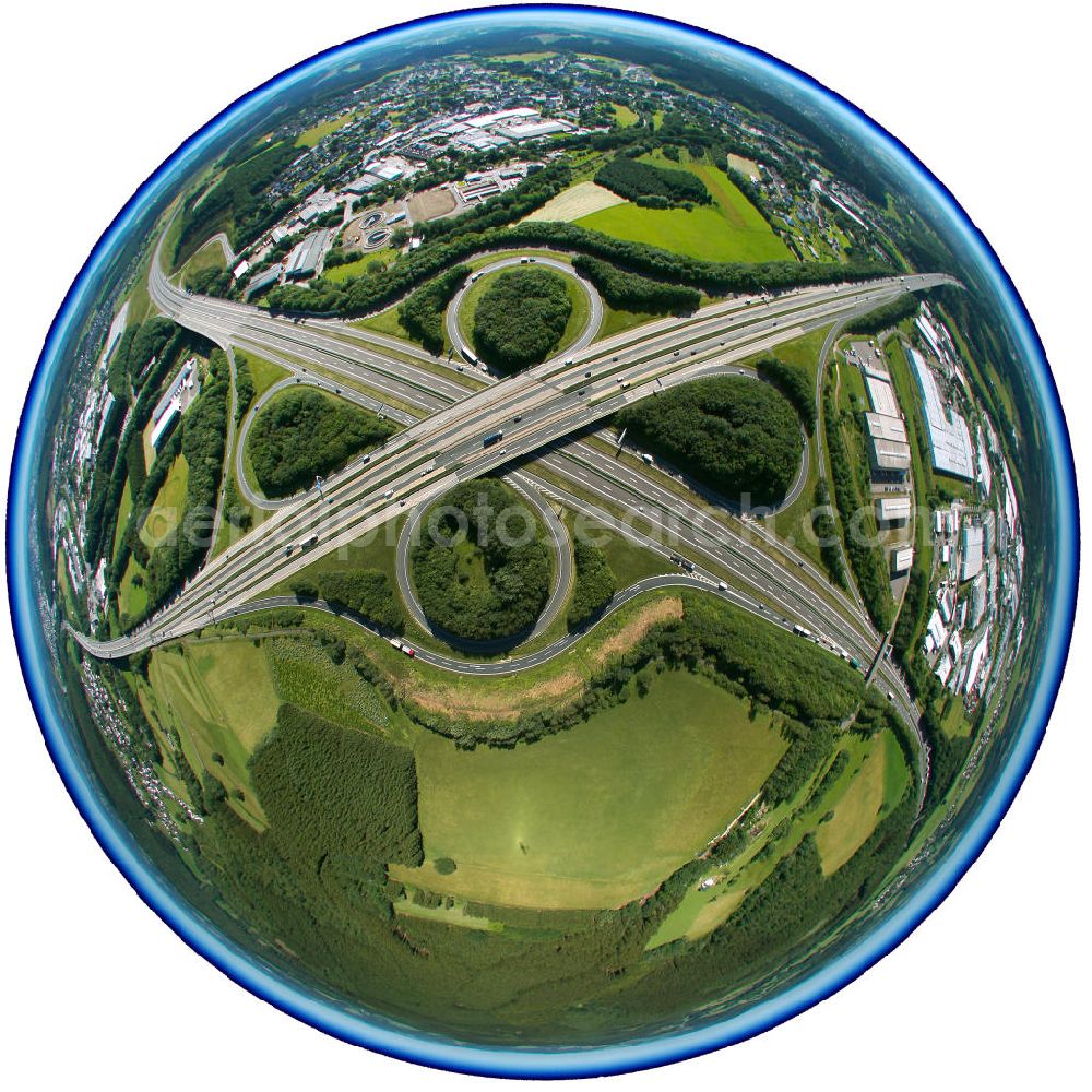 Aerial photograph Soest - Fish eye - Blick auf das Autobahnkreuz A45 Sauerlandlinie und A4 bei Soest im Sauerland. Fish eye - view of the junction A45 and A4 near Soest.