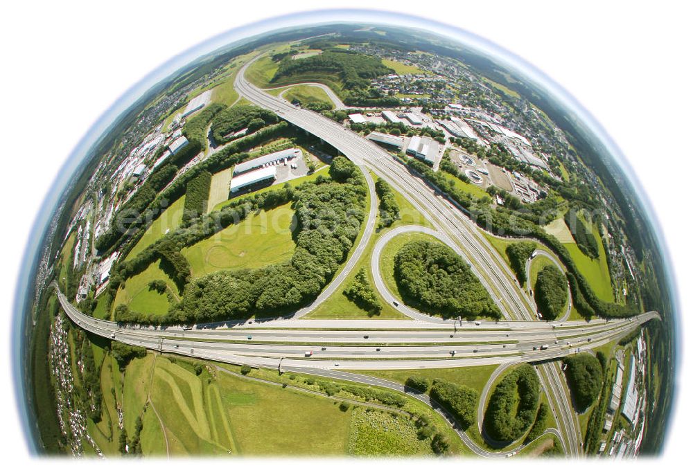 Soest from above - Fish eye - Blick auf das Autobahnkreuz A45 Sauerlandlinie und A4 bei Soest im Sauerland. Fish eye - view of the junction A45 and A4 near Soest.