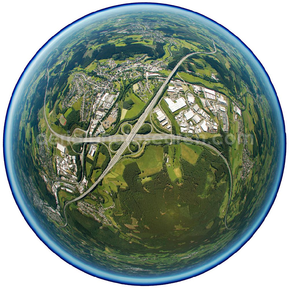 Aerial photograph Soest - Fish eye - Blick auf das Autobahnkreuz A45 Sauerlandlinie und A4 bei Soest im Sauerland. Fish eye - view of the junction A45 and A4 near Soest.