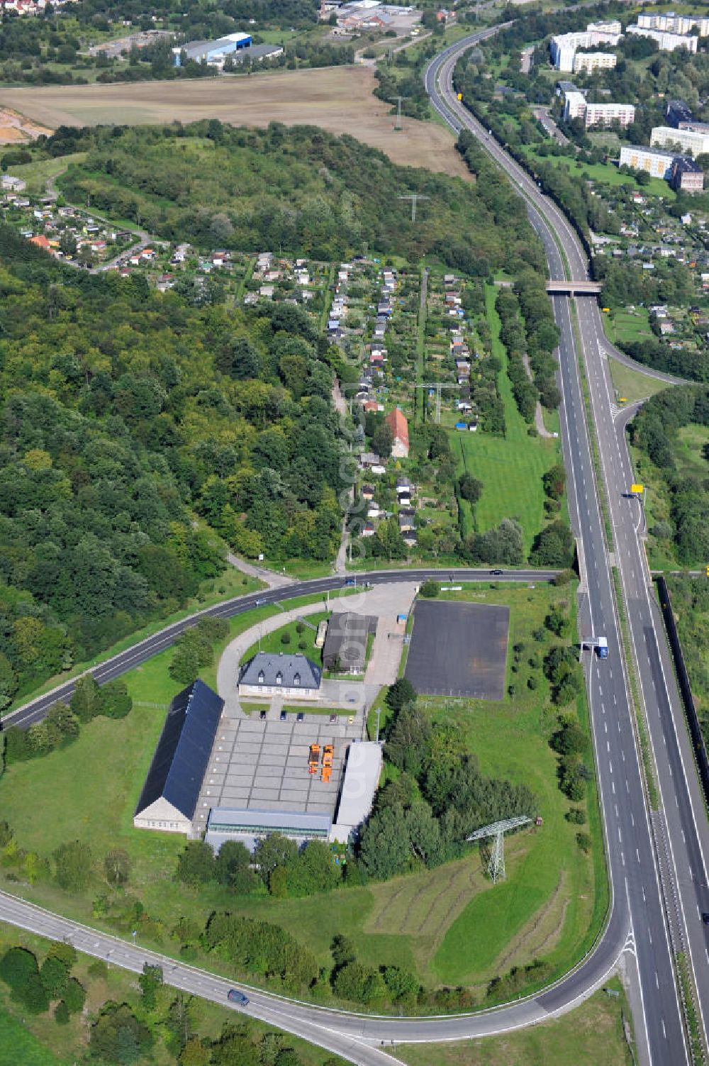 Eisenach from above - Autobahnmeisterei Eisenach Via Solutions Thüringen GmbH & Co. KG an der Kasseler Straße in Eisenach, Thüringen. Motorway maintenance authorities Eisenach, Thuringia.