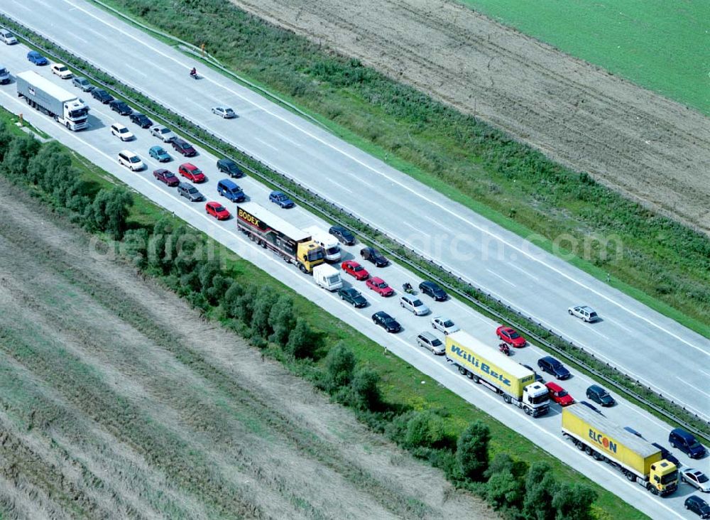 Aerial image Magdeburg - 16.08.2002 Autobahnstau kurz vor dem Magdeburger Kreuz