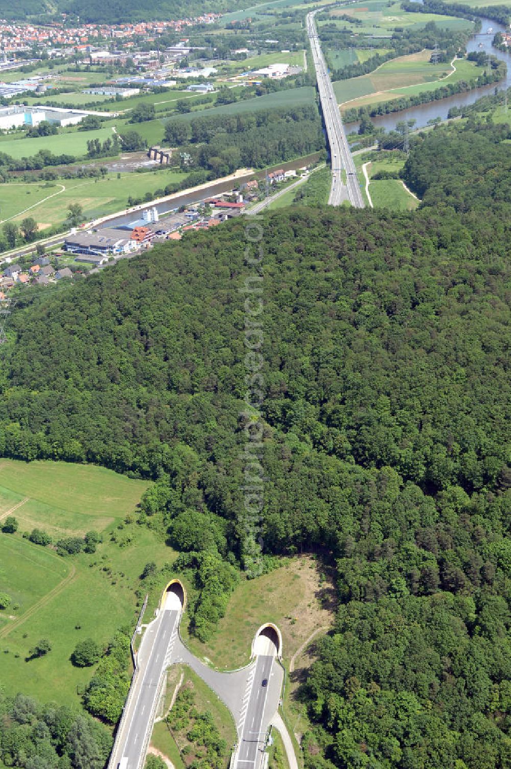 Aerial image Limbach - Blick auf den Autobahntunnel Schwarzer Berg der BAB Bundesautobahn A70 / E48 bei Eltmann/Limbach. Der Tunnel wurde in bergmännischer Weise mit zwei Röhren gebaut und hat eine Länge von 730 m. View of the Black Mountain Highway Tunnel motorway BAB A70 / E48 at Eltmann / Limbach. The tunnel was built in the mining way, with two tubes and has a length of 730 m.