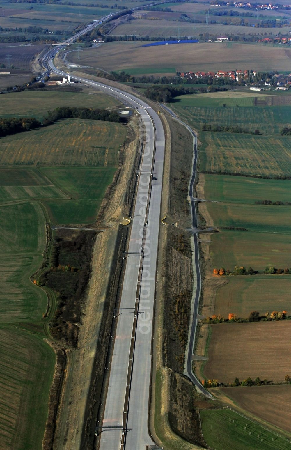 Bucha from the bird's eye view: View of the construction site of the highway relocation E40 European highway A4 near Schorba, Bucha and Oßmaritz north of the existing course.