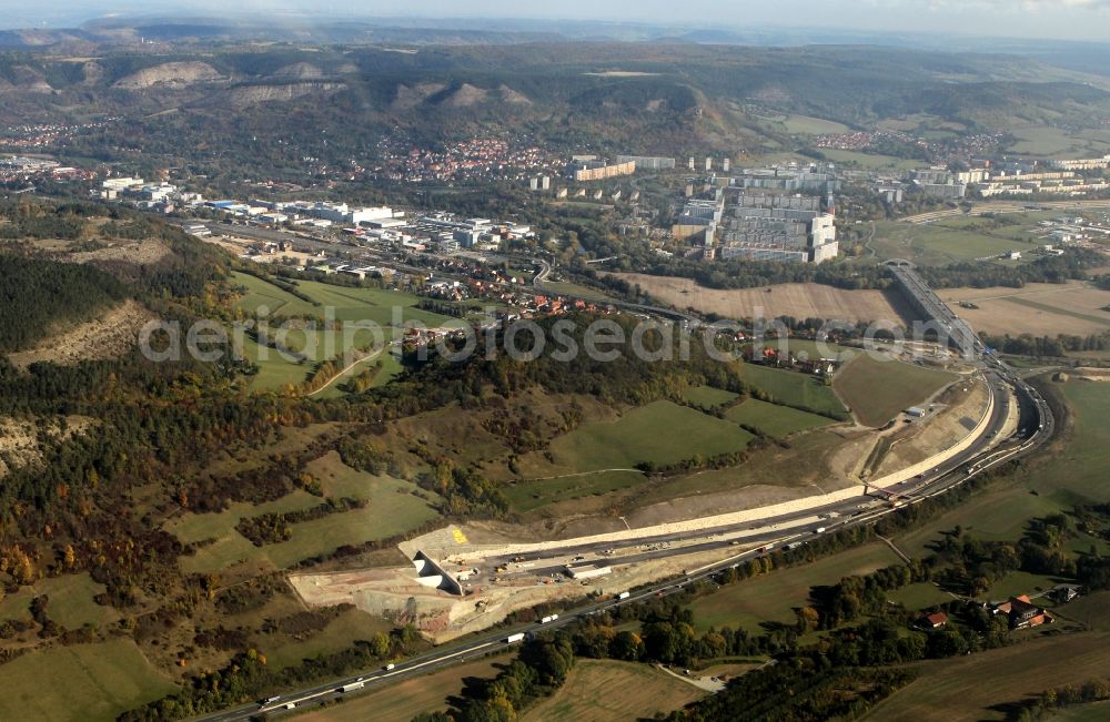 Jena from above - View of the construction site chase mountain highway tunnel laying E40 European highway A4 at Jena in Thuringia