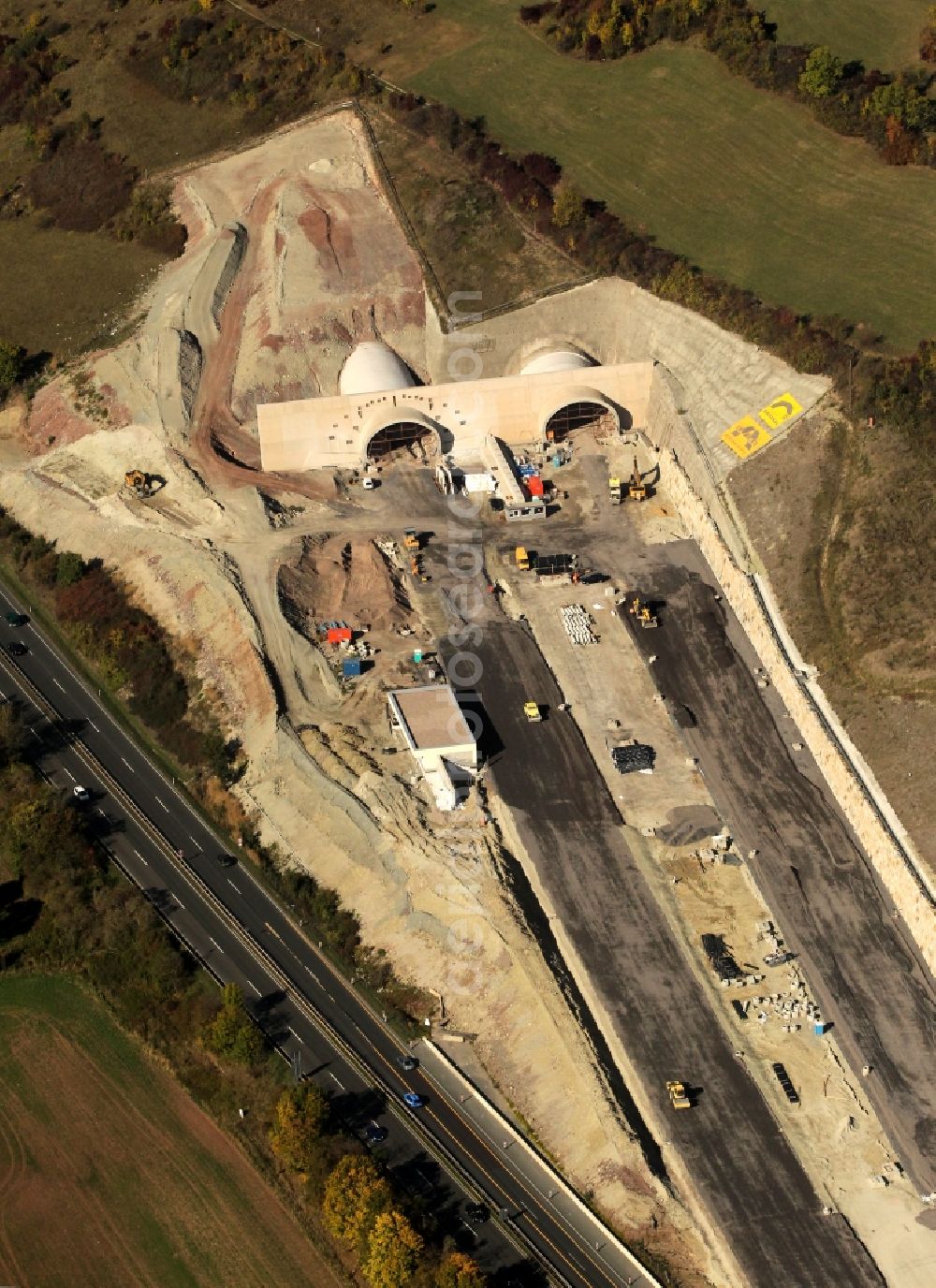 Jena from the bird's eye view: View of the construction site chase mountain highway tunnel laying E40 European highway A4 at Jena in Thuringia