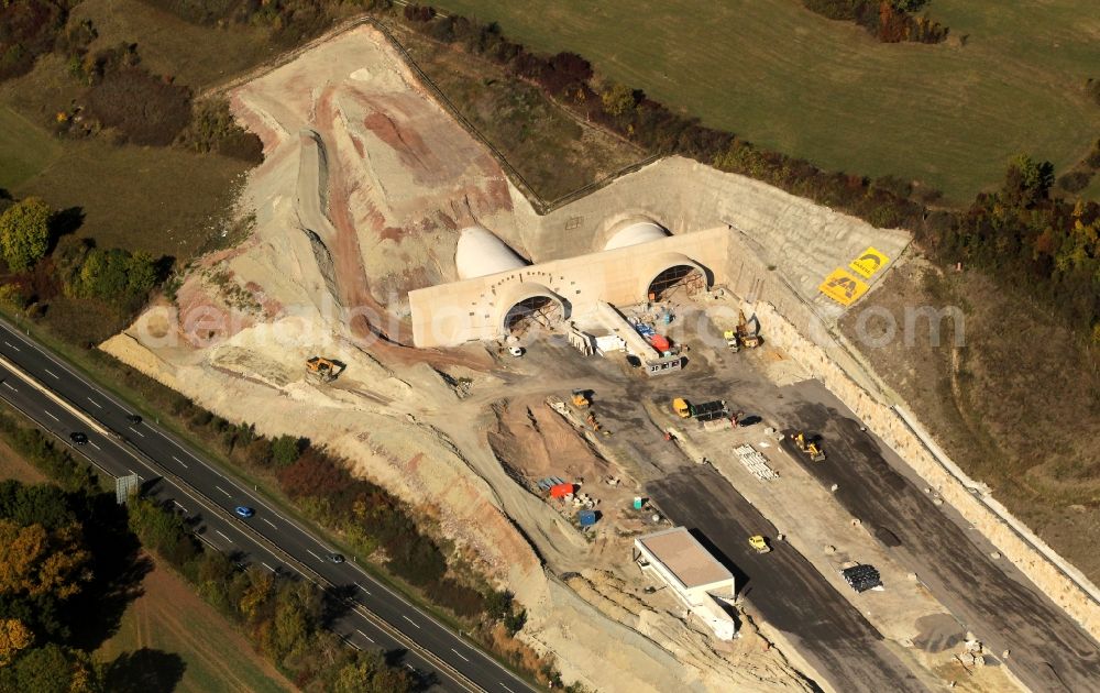 Aerial image Jena - View of the construction site chase mountain highway tunnel laying E40 European highway A4 at Jena in Thuringia