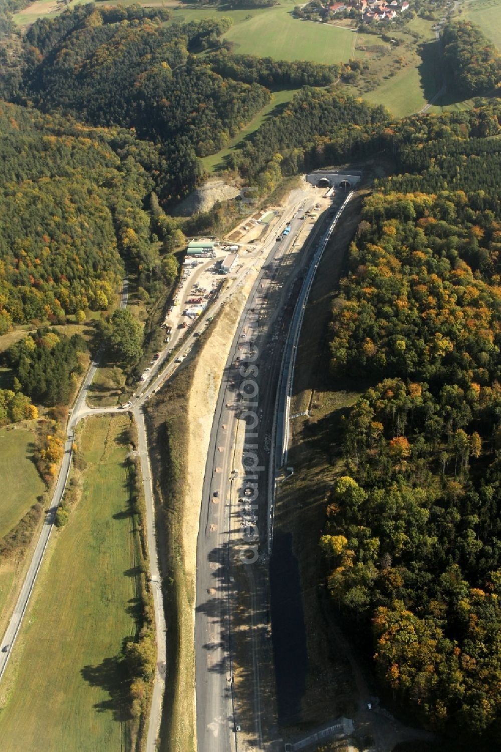 Jena from above - View of the construction site chase mountain highway tunnel laying E40 European highway A4 at Jena in Thuringia