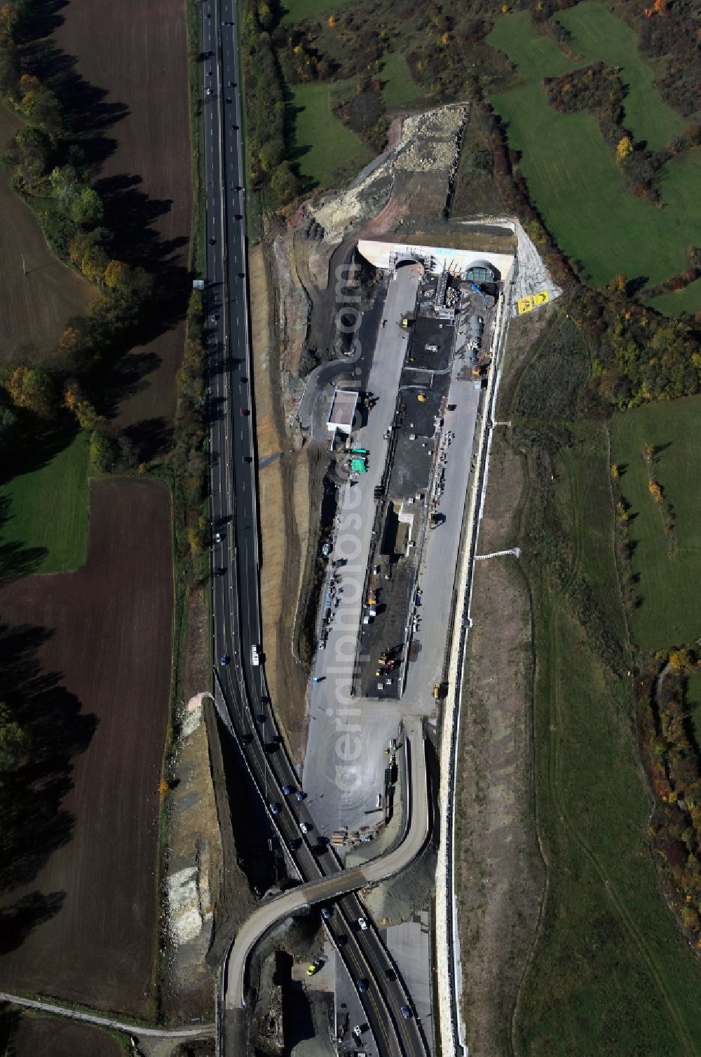 Jena from the bird's eye view: View of the construction site chase mountain highway tunnel laying E40 European highway A4 at Jena in Thuringia