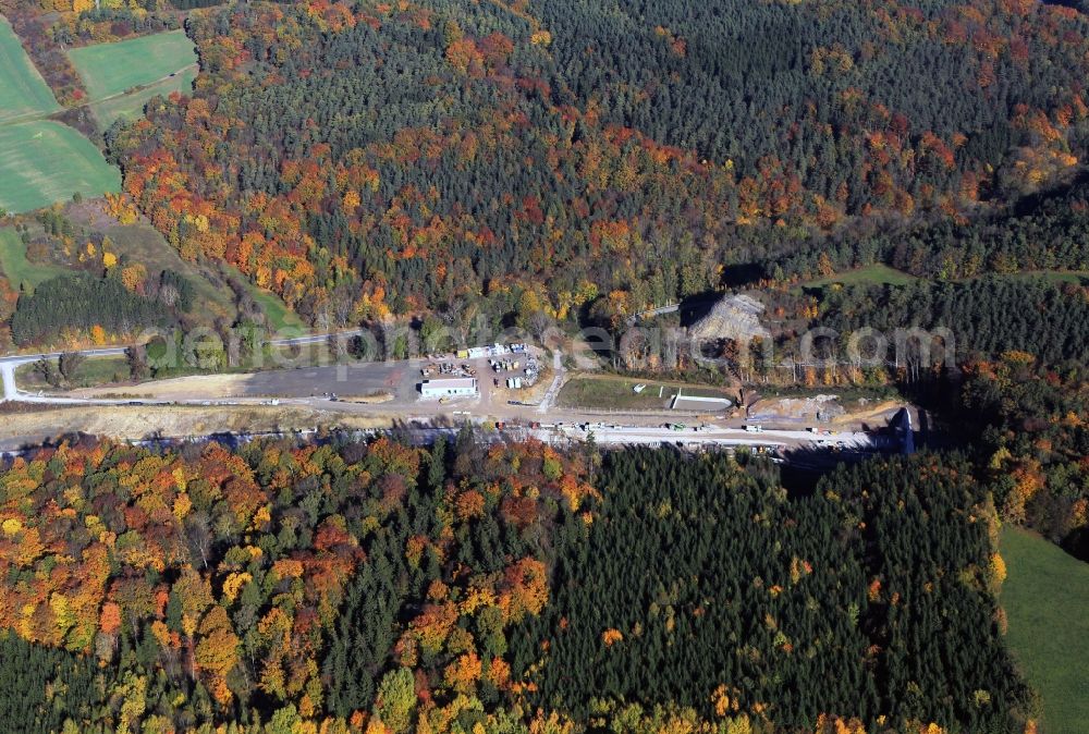 Bucha from the bird's eye view: View of the construction site chase mountain highway tunnel laying E40 European highway A4 at Bucha in Thuringia