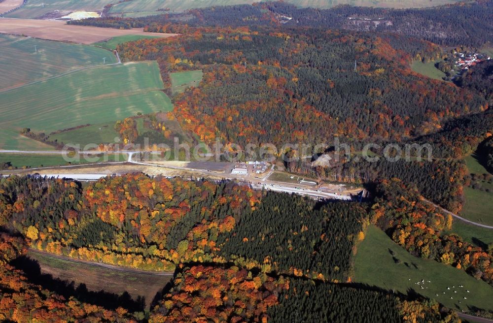 Aerial image Bucha - View of the construction site chase mountain highway tunnel laying E40 European highway A4 at Bucha in Thuringia