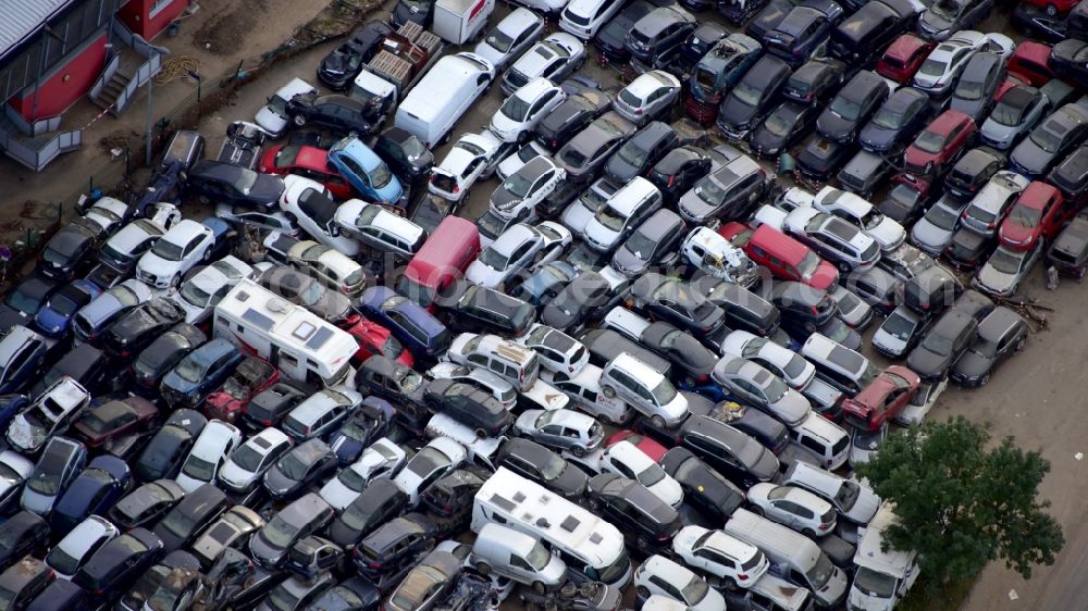 Bad Neuenahr-Ahrweiler from the bird's eye view: Car cemetery with vehicles destroyed by the flood disaster in the Ahr valley this year in the state Rhineland-Palatinate, Germany