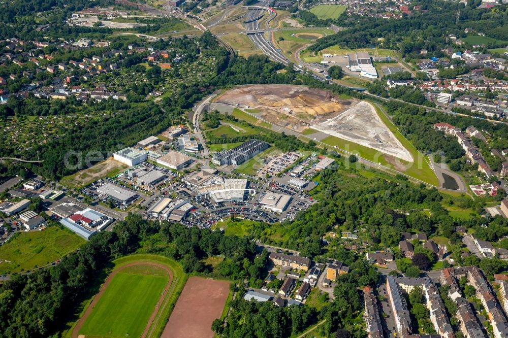 Aerial image Bochum - Car dealership building of the dealership AHAG automobile trading company Egon Gladen GmbH & Co. KG at the Porsche road in Bochum in North Rhine-Westphalia