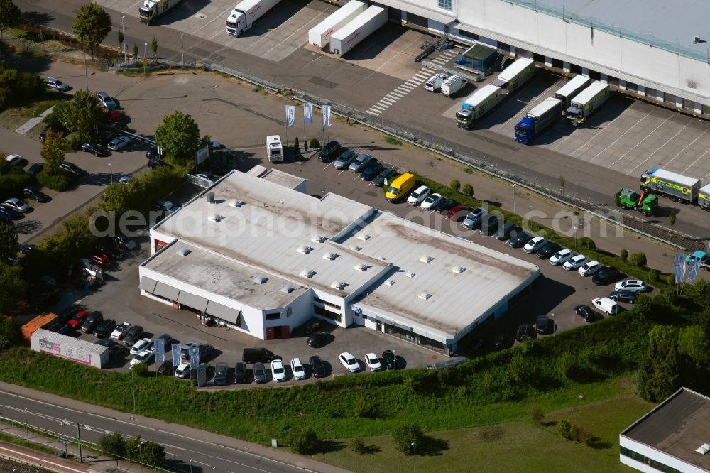 Weinsberg from above - Car dealership building of asw Automobile GmbH & Co. KG in the Heilbronner Strasse in Weinsberg in the state Baden-Wurttemberg, Germany