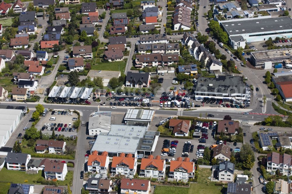 Rutesheim from above - Car dealership building Autohaus Epple GmbH & Co. KG on Leonberger Strasse in Rutesheim in the state Baden-Wuerttemberg, Germany