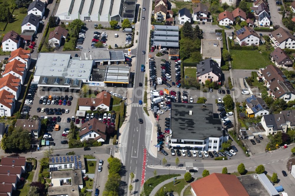 Rutesheim from above - Car dealership building Autohaus Epple GmbH & Co. KG on Leonberger Strasse in Rutesheim in the state Baden-Wuerttemberg, Germany