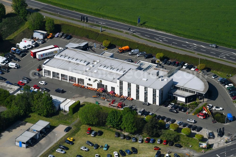 Aerial image Münchberg - Car dealership building Autohaus Hahn on August-Horch-Strasse in Muenchberg in the state Bavaria, Germany