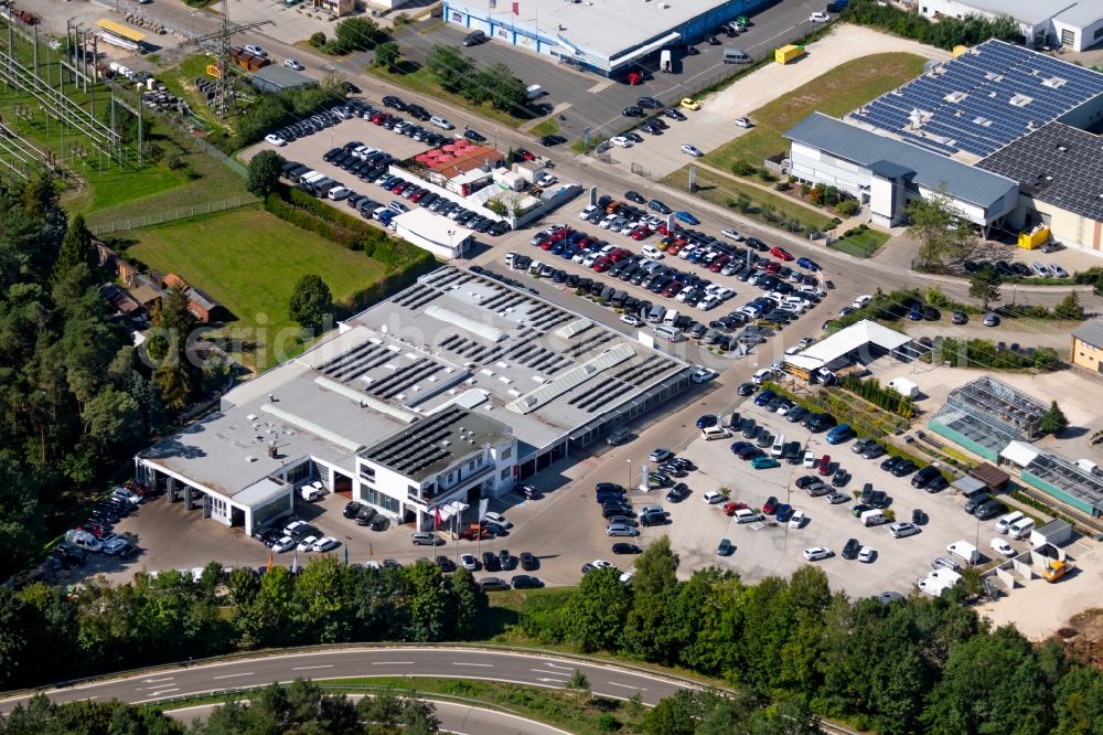 Roth from above - Car dealership building of Feser, Graf & Co. Automobil Holding GmbH in the Fuggerstrasse in Roth in the state Bavaria, Germany