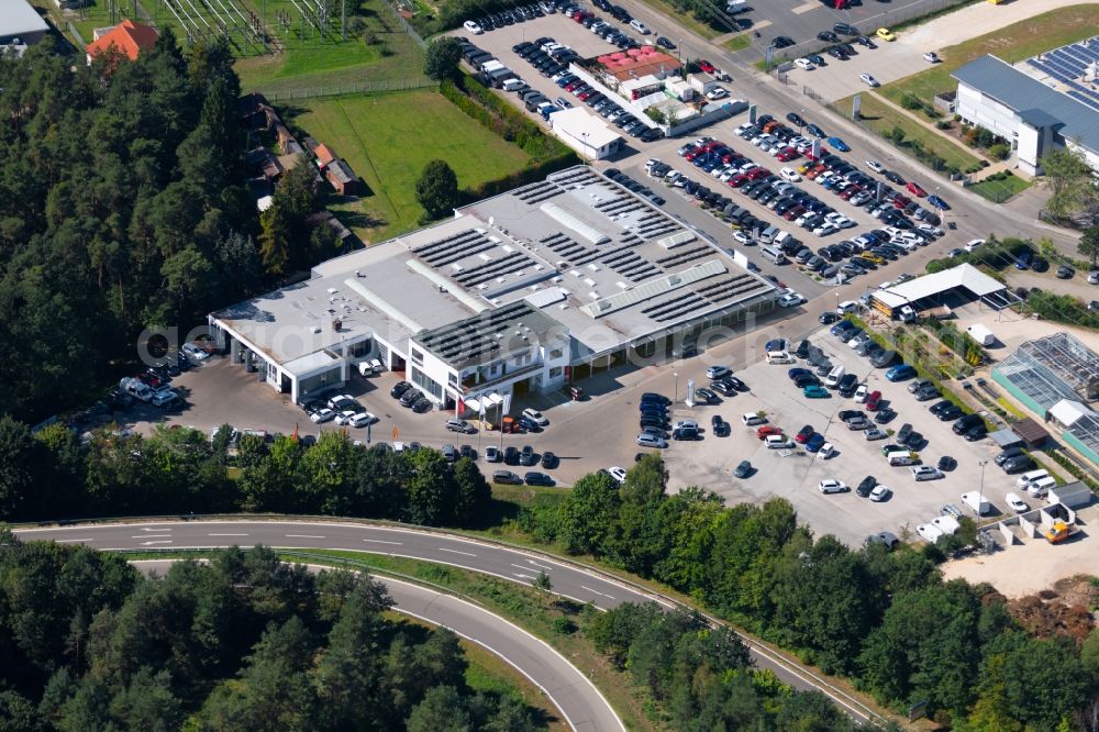 Roth from the bird's eye view: Car dealership building of Feser, Graf & Co. Automobil Holding GmbH in the Fuggerstrasse in Roth in the state Bavaria, Germany