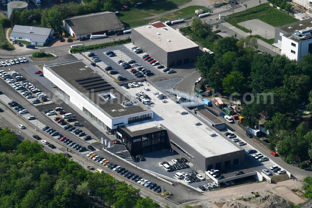 Freiburg im Breisgau from the bird's eye view: Car dealership building BMW Autohaus Maertin on Hermann-Mitsch-Strasse in Freiburg im Breisgau in the state Baden-Wuerttemberg, Germany