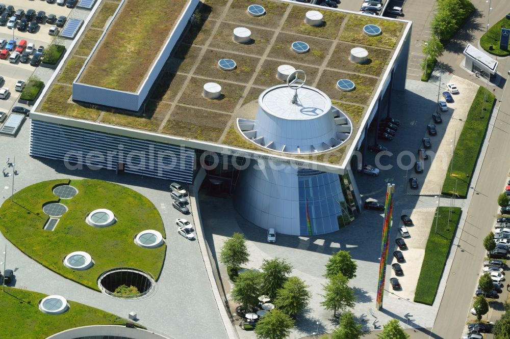 Stuttgart from the bird's eye view: Car dealership building Mercedes-Benz Niederlassung Stuttgart on Mercedesstrasse in Stuttgart in the state Baden-Wuerttemberg