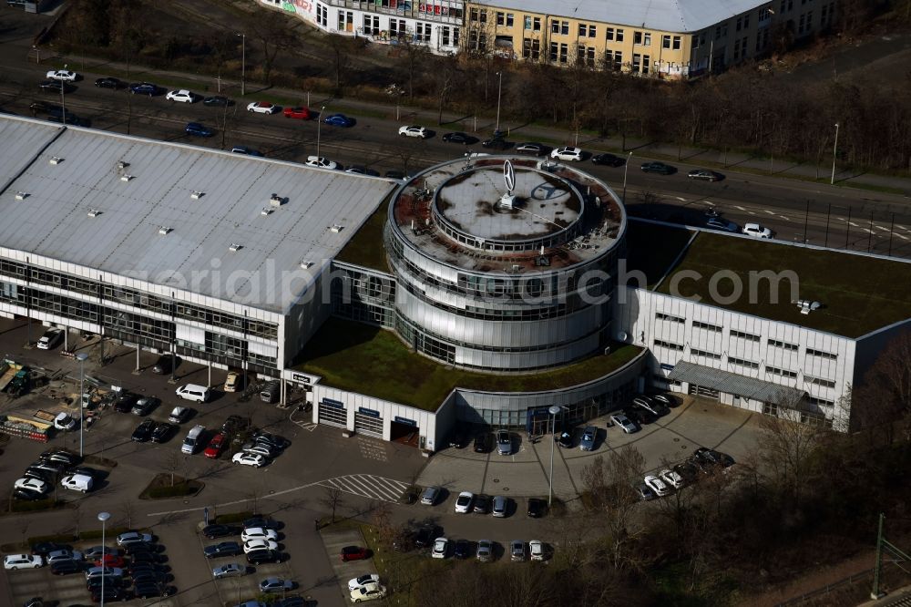 Leipzig from above - Car dealership building Mercedes-Benz Stern Auto Center Leipzig on Richard-Lehmann-Strasse in the district Marienbrunn in Leipzig in the state Saxony