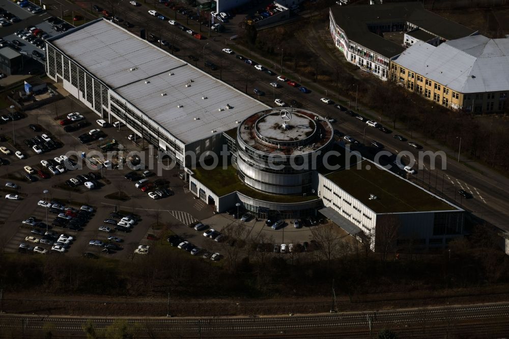 Leipzig from above - Car dealership building Mercedes-Benz Stern Auto Center Leipzig on Richard-Lehmann-Strasse in the district Marienbrunn in Leipzig in the state Saxony