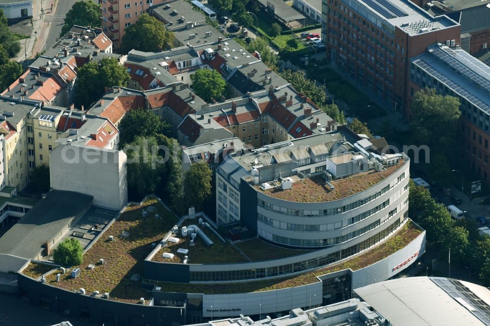 Berlin from the bird's eye view: Car dealership building Porsche Zentrum Berlin on Franklinstrasse in the district Charlottenburg in Berlin, Germany