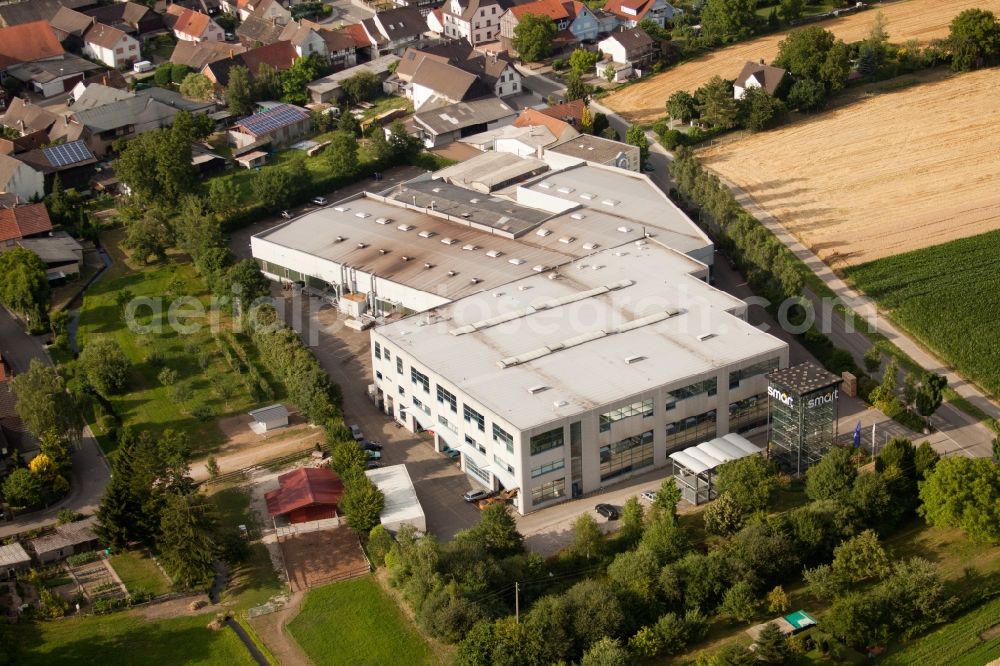 Kehl from the bird's eye view: Car dealership building SMART Otto Nussbaum GmbH in the district Bodersweier in Kehl in the state Baden-Wuerttemberg