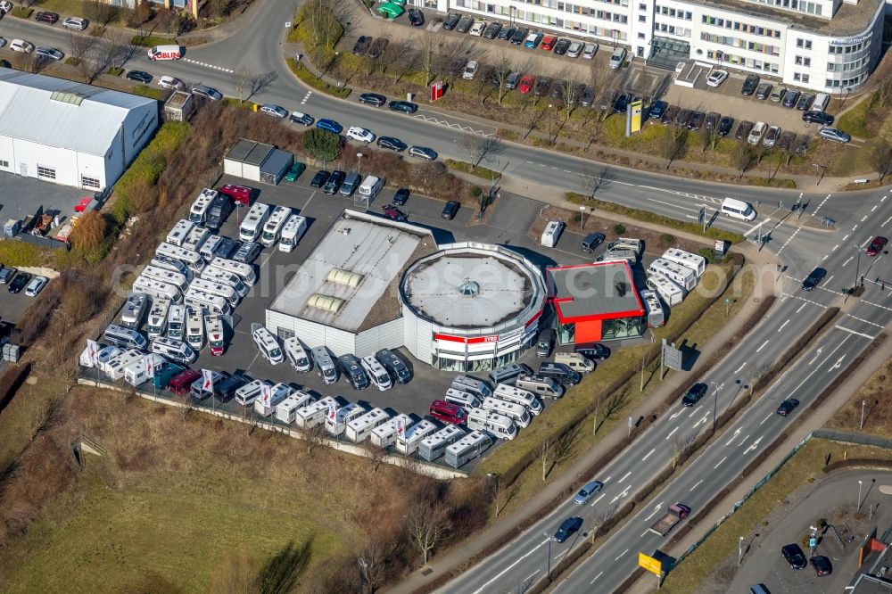 Aerial image Holzwickede - Car dealership building SYRO Reisemobil Center on Gottlieb-Daimler-Strasse in Holzwickede in the state North Rhine-Westphalia, Germany