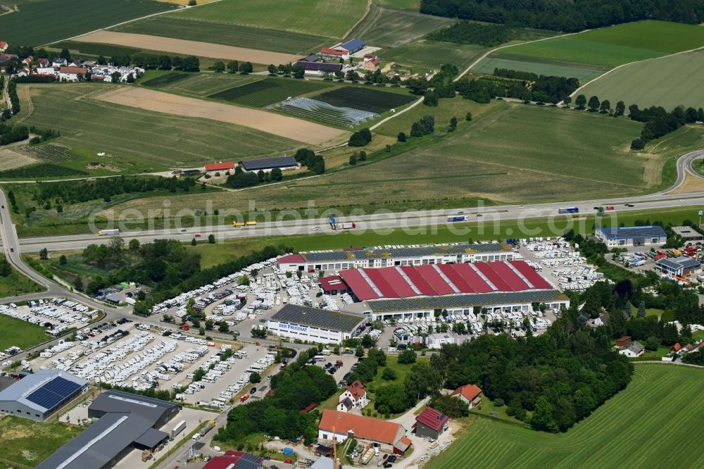 Aerial image Sulzemoos - Car dealership building Wohnwagencenter Hofstetter on Ohmstrasse in Sulzemoos in the state Bavaria, Germany