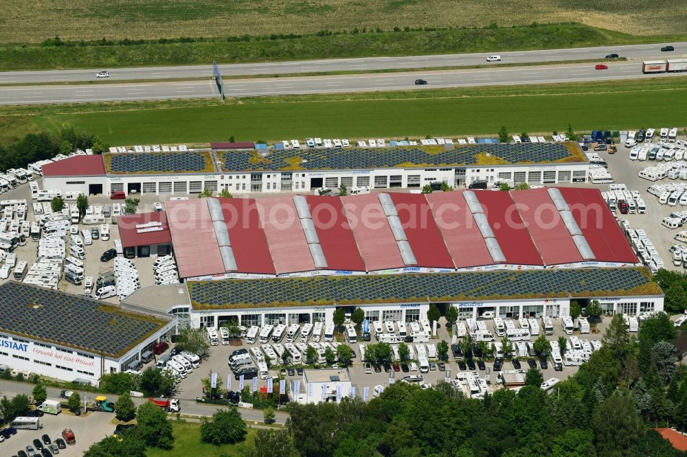 Aerial photograph Sulzemoos - Car dealership building Wohnwagencenter Hofstetter on Ohmstrasse in Sulzemoos in the state Bavaria, Germany