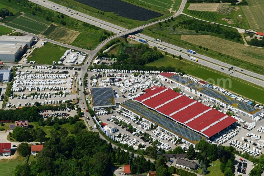 Sulzemoos from above - Car dealership building Wohnwagencenter Hofstetter on Ohmstrasse in Sulzemoos in the state Bavaria, Germany