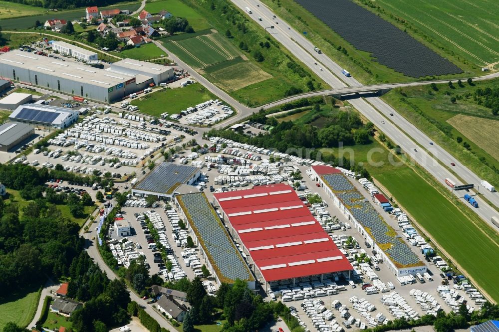 Aerial image Sulzemoos - Car dealership building Wohnwagencenter Hofstetter on Ohmstrasse in Sulzemoos in the state Bavaria, Germany