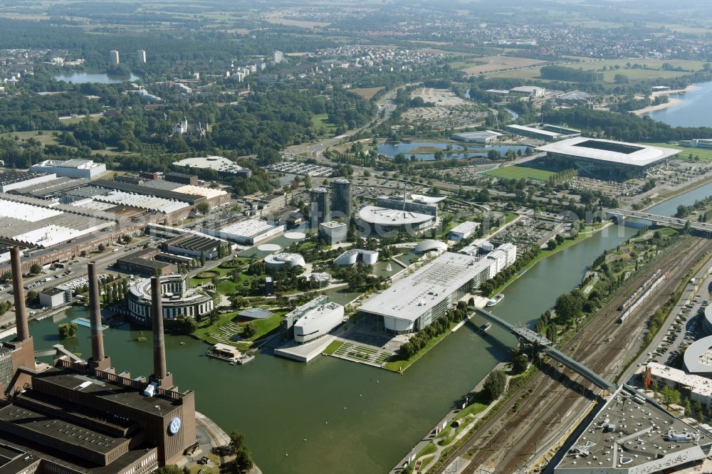 Wolfsburg from the bird's eye view: Car dealership building the Autostadt the VW plant in Wolfsburg in Lower Saxony