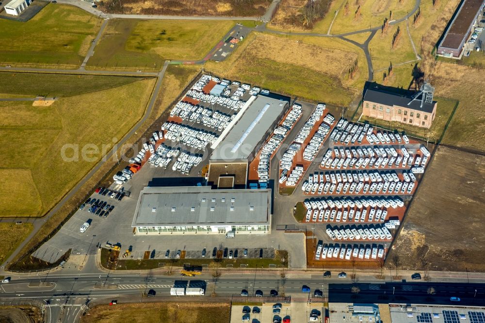 Dortmund from above - Vehicle trade building of specialist dealer Duerrwang GmbH & Co Gneisenauallee in the district Scharnhorst in Dortmund in the state North Rhine-Westphalia